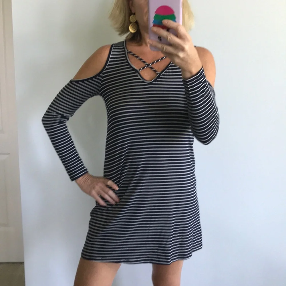 Navy & White Striped Cold Shoulder Dress - Picture 1 of 7